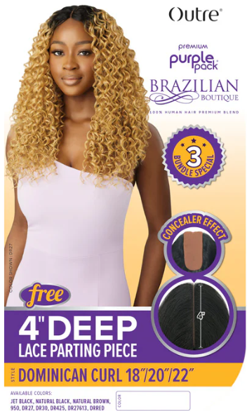 Outre Purple Pack Brazilian Boutique Human Hair Blend Weave - DOMINICAN CURL (18"/20"/22"+ 4" Deep Lace Parting Piece)