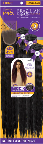 Outre Purple Pack Brazilian Boutique Human Hair Blend Weave - NATURAL FRENCH (18"/20"/22"+ 4x4 HD HAND-TIED LACE CLOSURE)