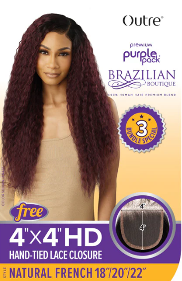 Outre Purple Pack Brazilian Boutique Human Hair Blend Weave - NATURAL FRENCH (18"/20"/22"+ 4x4 HD HAND-TIED LACE CLOSURE)