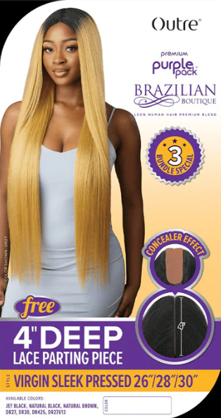 Outre Purple Pack Brazilian Boutique Human Hair Blend Weave - VIRGIN SLEEK PRESSED 4PCS (26/28/30 inch + 4 inch lace closure)