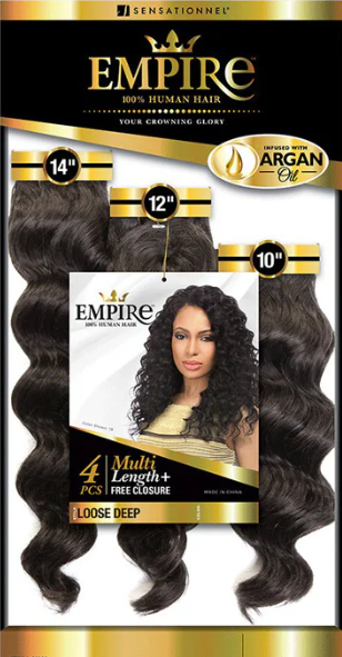 Sensationnel Empire 100% Human Hair Multi Length + Free Closure 4 PCS Weave LOOSE DEEP